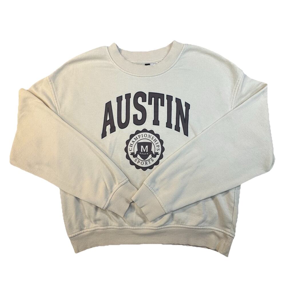 Austin Texas Crewneck Preppy Cream Sweatshirt Womens Large Graphic Pullover -459